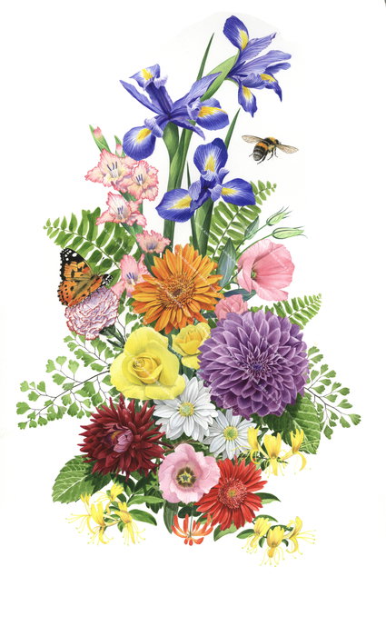 Garden Spring Flowers bouquet with butterfly and bee