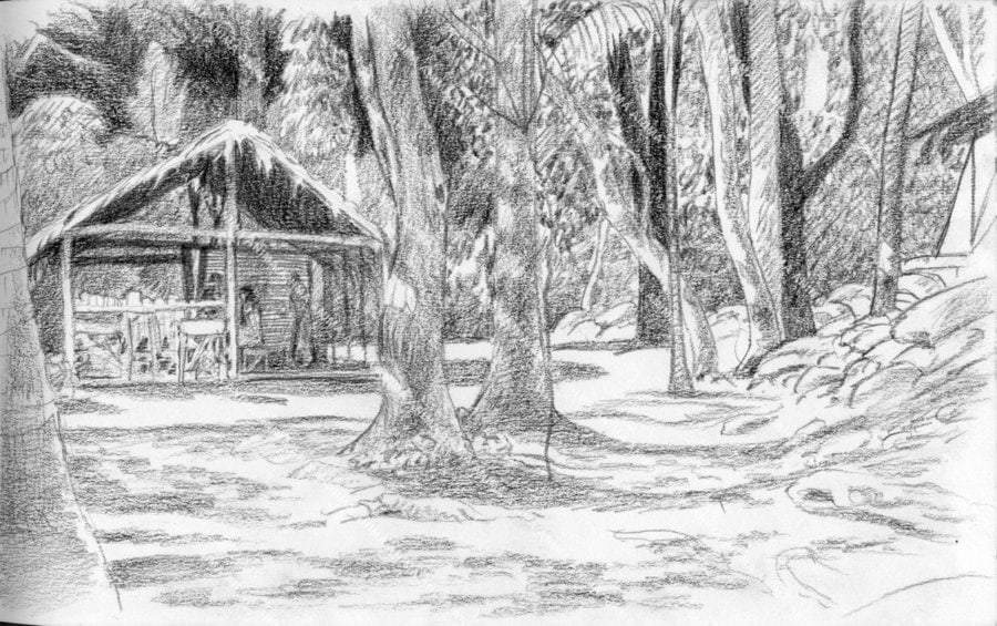Black and white Sketch of a Camp,Penaoru village, Vanuatu