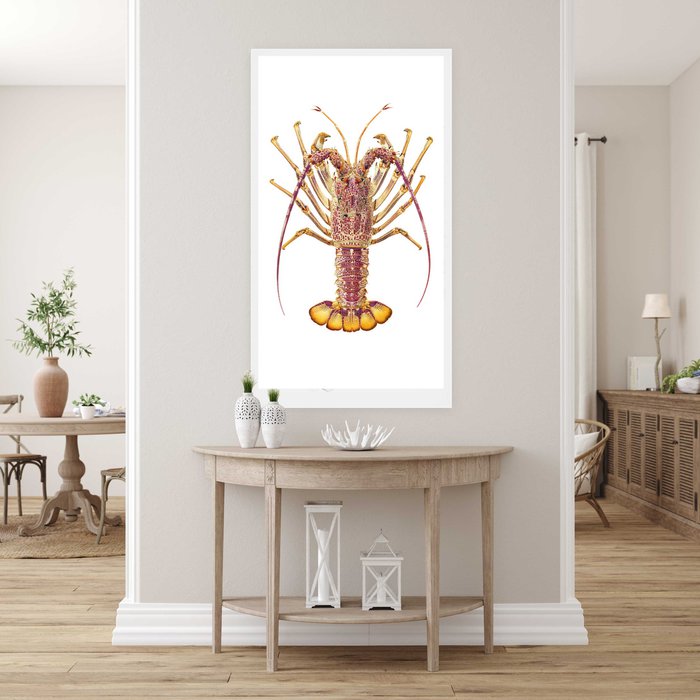 Room interior with a clair wood hall table, decorative vases, and southern rock lobster framed artwork on a beige wall.