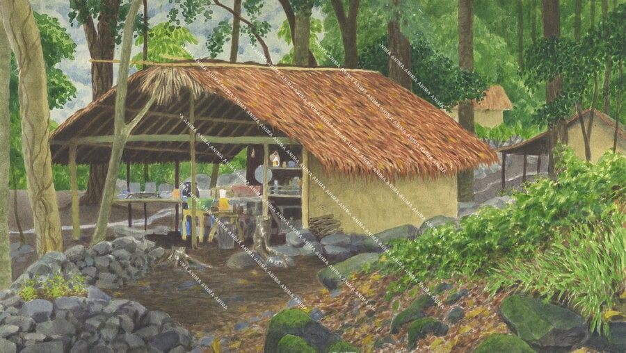 Painting of a Camp Kitchen,Penaoru village,Vanuatu|Painting by Roger Swainston